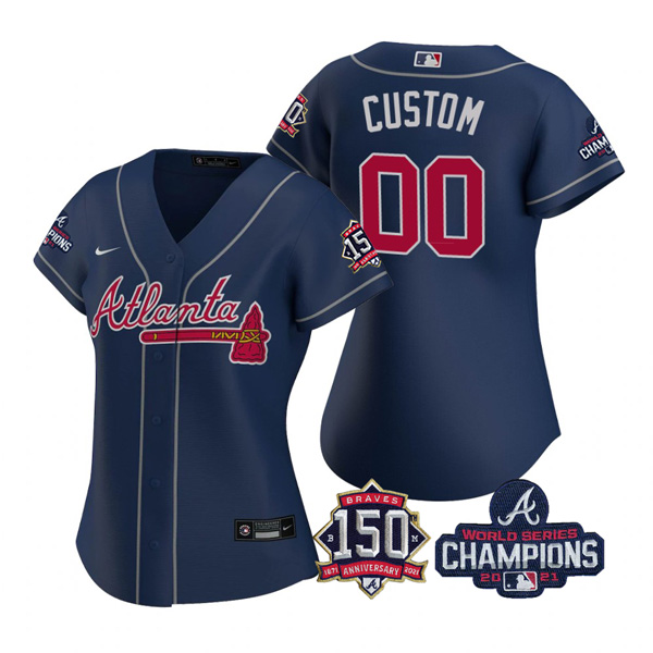 Women's Atlanta Braves Customized 2021 Navy World Series Champions With 150th Anniversary Stitched Jersey(Run Small)